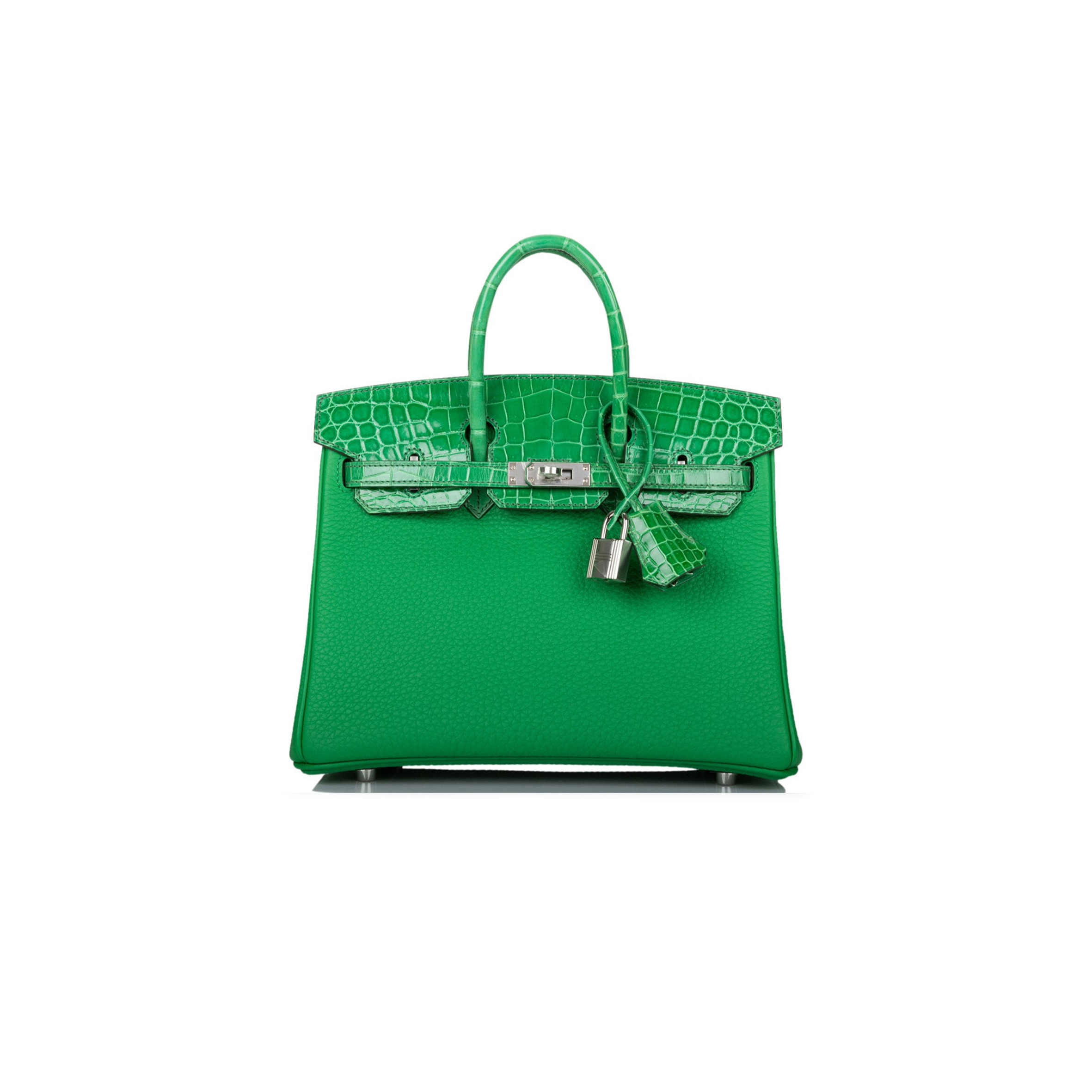H**mes master birkin 25 crocodile and togo leather bamboo green silver buckle h076216ck21 (25*20*13cm)